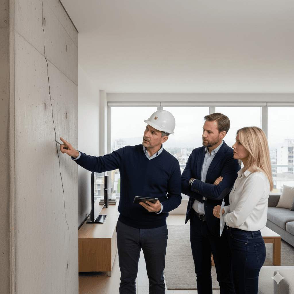 Ingeniero civil con casco y abogado de PagoSiniestros revisando fisuras en muro junto a la dueña de la vivienda
