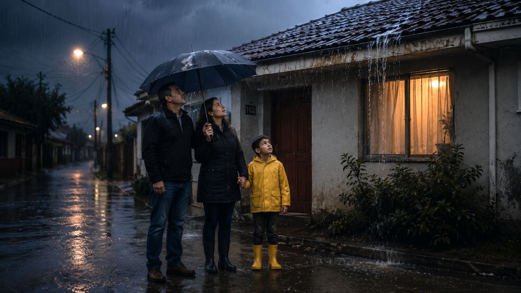 Familia frente a su casa bajo lluvia intensa durante un temporal en Chile