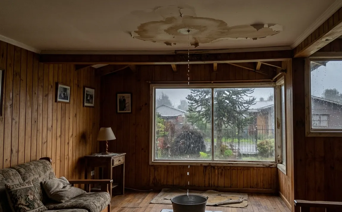 Filtración por lluvia en una vivienda del sur de Chile: mancha de humedad en el cielo y gotera activa durante el temporal