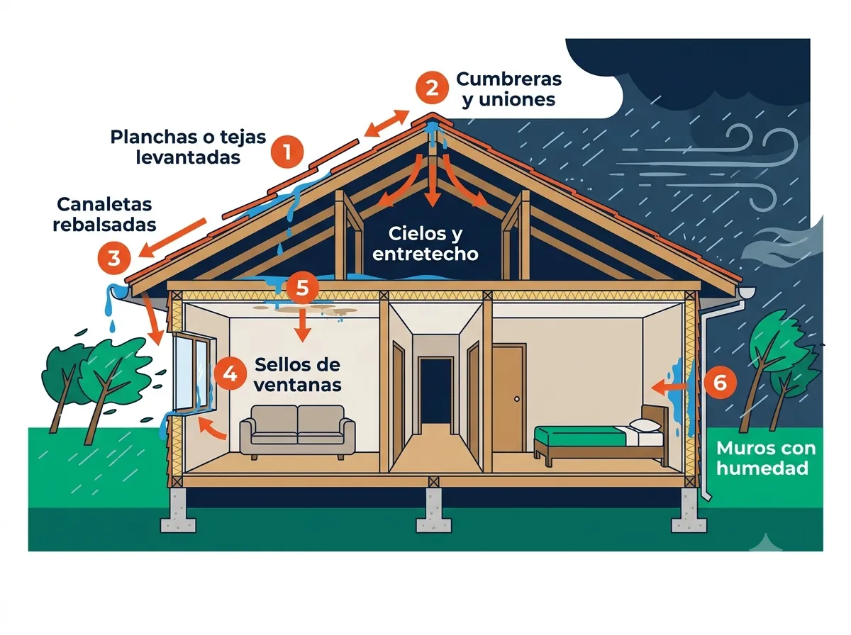 Esquema: los 6 puntos por donde entra el agua a una vivienda durante un temporal — planchas o tejas levantadas, cumbreras y uniones, canaletas rebalsadas, sellos de ventanas, cielos y entretecho, muros con humedad
