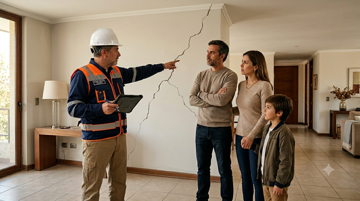 Ingeniero civil mostrando daños por sismo a una familia en Curauma